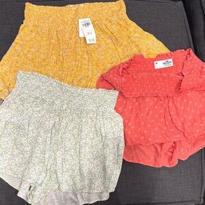 Hollister Coral Smocked Top + Yellow & Mint Floral Shorts Set 3 pair size medium
